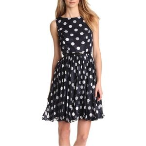 Adrianna Papell Polka Dot Pleated Dress Navy Blue White Sz 8 NWT